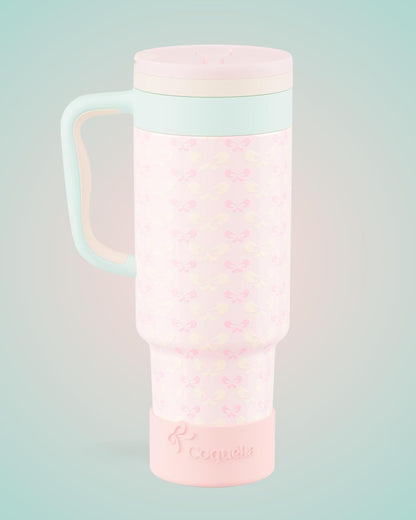 40 oz Insulated Tumbler with Handle and Push-Button Straw Lid, Stainless Steel Travel Cup for Gym Office, Leakproof, BPA-Free, Cup Holder Friendly, Bow Silicone Boot, Purple (Light Lilac)