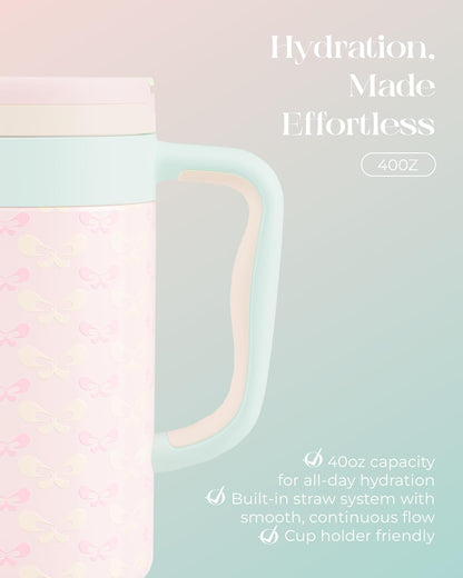 40 oz Insulated Tumbler with Handle and Push-Button Straw Lid, Stainless Steel Travel Cup for Gym Office, Leakproof, BPA-Free, Cup Holder Friendly, Bow Silicone Boot, Purple (Light Lilac)