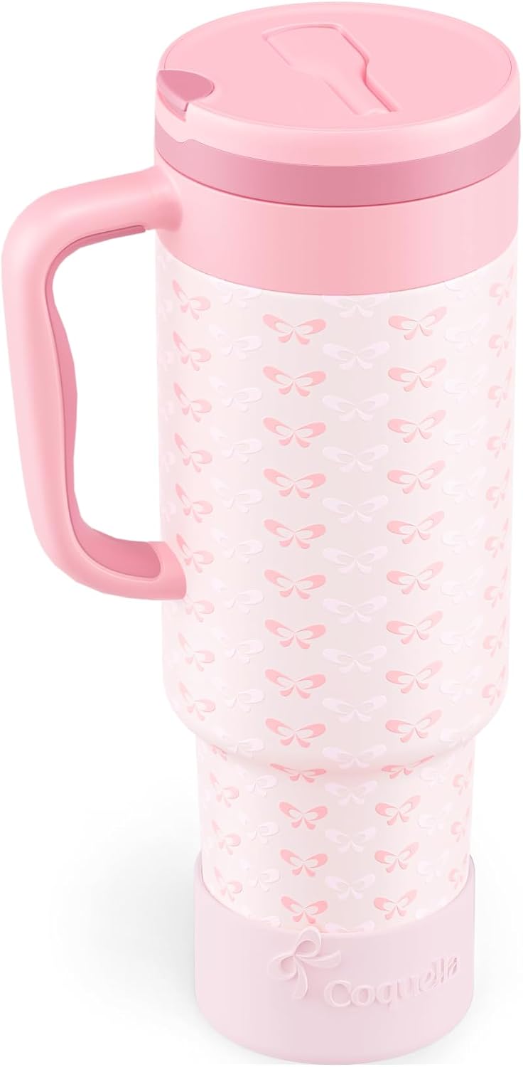 40 oz Insulated Tumbler with Handle and Push-Button Straw Lid, Stainless Steel Travel Cup for Gym Office, Leakproof, BPA-Free, Cup Holder Friendly, Bow Silicone Boot, Purple (Light Lilac)