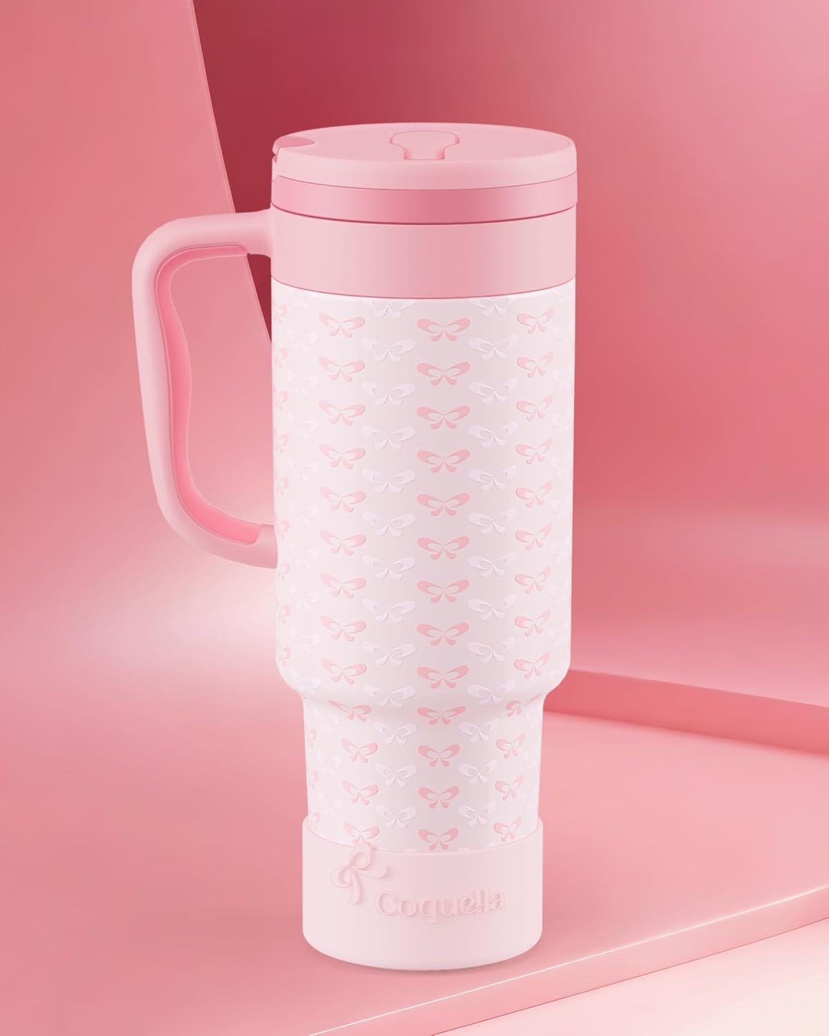 40 oz Insulated Tumbler with Handle and Push-Button Straw Lid, Stainless Steel Travel Cup for Gym Office, Leakproof, BPA-Free, Cup Holder Friendly, Bow Silicone Boot, Purple (Light Lilac)