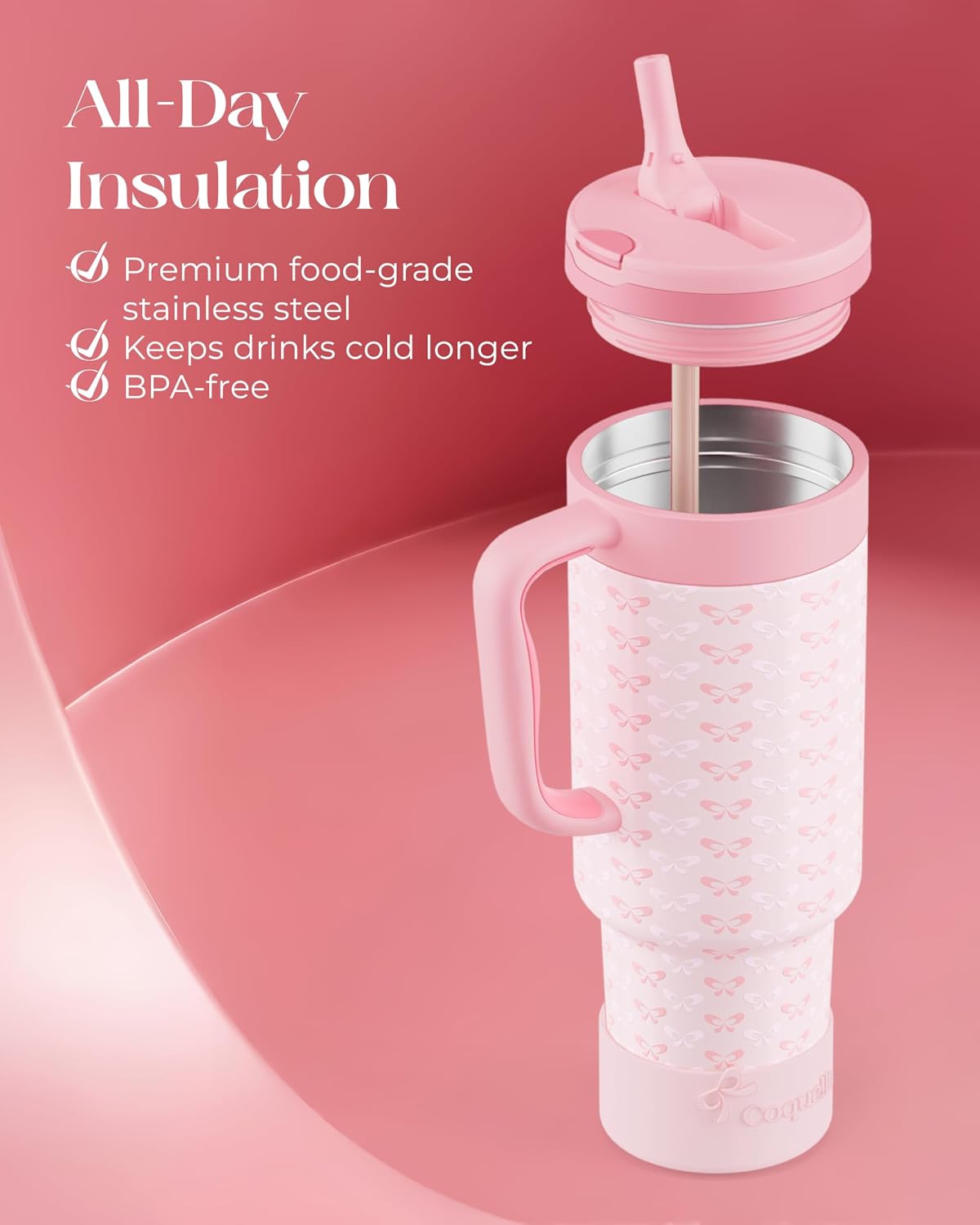 40 oz Insulated Tumbler with Handle and Push-Button Straw Lid, Stainless Steel Travel Cup for Gym Office, Leakproof, BPA-Free, Cup Holder Friendly, Bow Silicone Boot, Purple (Light Lilac)
