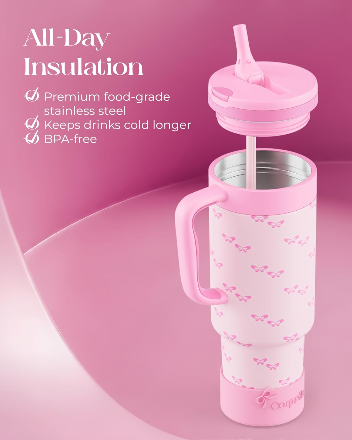 40 oz Insulated Tumbler with Handle and Push-Button Straw Lid, Stainless Steel Travel Cup for Gym Office, Leakproof, BPA-Free, Cup Holder Friendly, Bow Silicone Boot, Purple (Light Lilac)