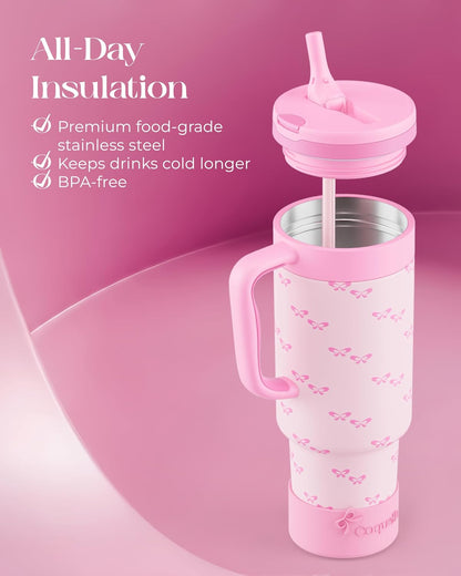 40 oz Insulated Tumbler with Handle and Push-Button Straw Lid, Stainless Steel Travel Cup for Gym Office, Leakproof, BPA-Free, Cup Holder Friendly, Bow Silicone Boot, Purple (Light Lilac)