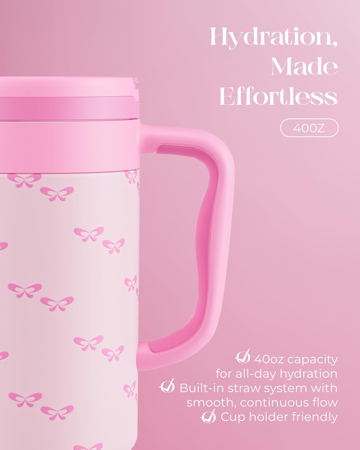40 oz Insulated Tumbler with Handle and Push-Button Straw Lid, Stainless Steel Travel Cup for Gym Office, Leakproof, BPA-Free, Cup Holder Friendly, Bow Silicone Boot, Purple (Light Lilac)