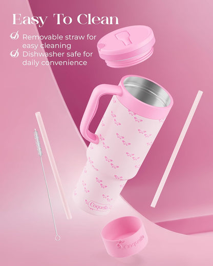 40 oz Insulated Tumbler with Handle and Push-Button Straw Lid, Stainless Steel Travel Cup for Gym Office, Leakproof, BPA-Free, Cup Holder Friendly, Bow Silicone Boot, Purple (Light Lilac)