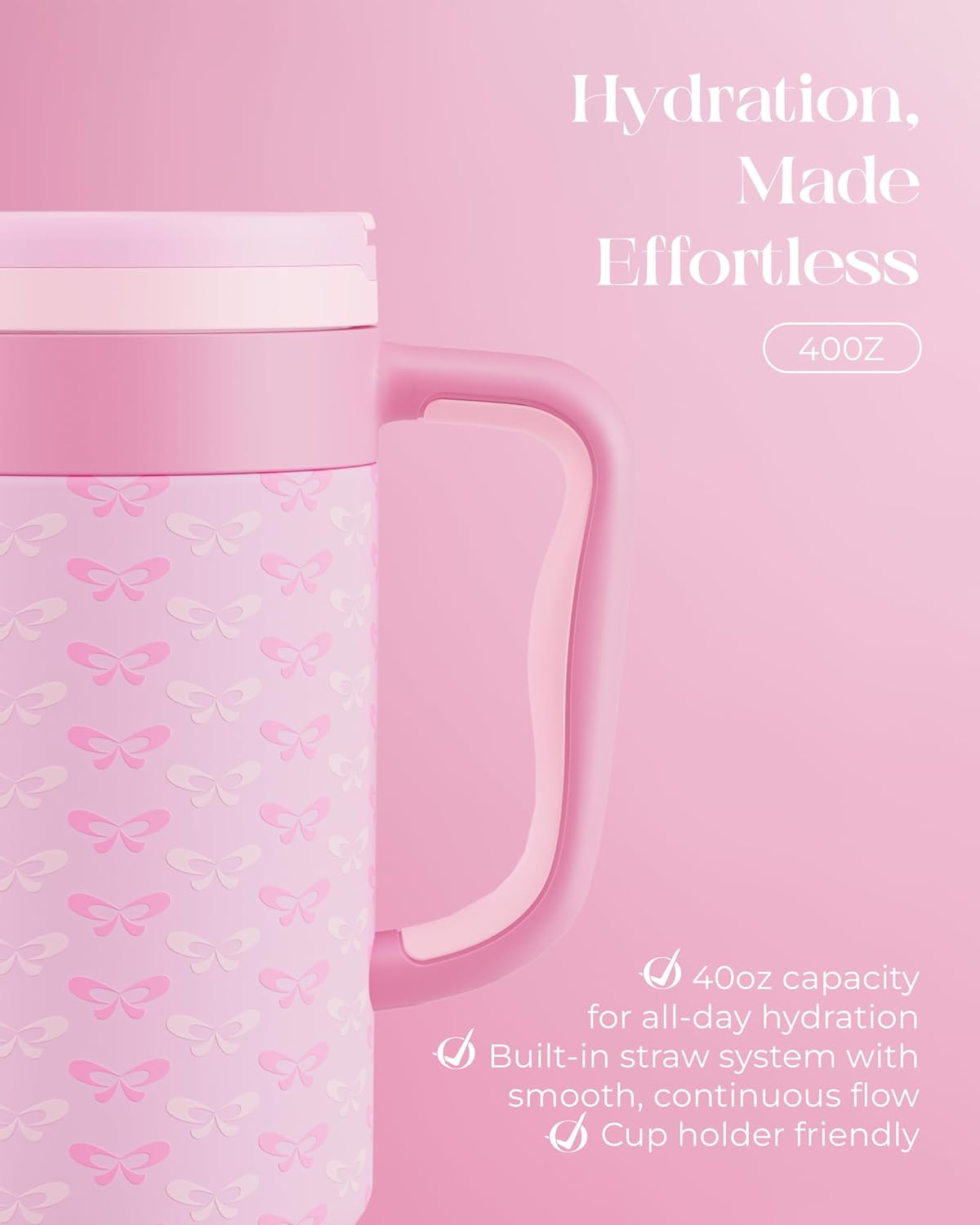 40 oz Insulated Tumbler with Handle and Push-Button Straw Lid, Stainless Steel Travel Cup for Gym Office, Leakproof, BPA-Free, Cup Holder Friendly, Bow Silicone Boot, Purple (Light Lilac)