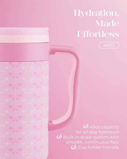 40 oz Insulated Tumbler with Handle and Push-Button Straw Lid, Stainless Steel Travel Cup for Gym Office, Leakproof, BPA-Free, Cup Holder Friendly, Bow Silicone Boot, Purple (Light Lilac)