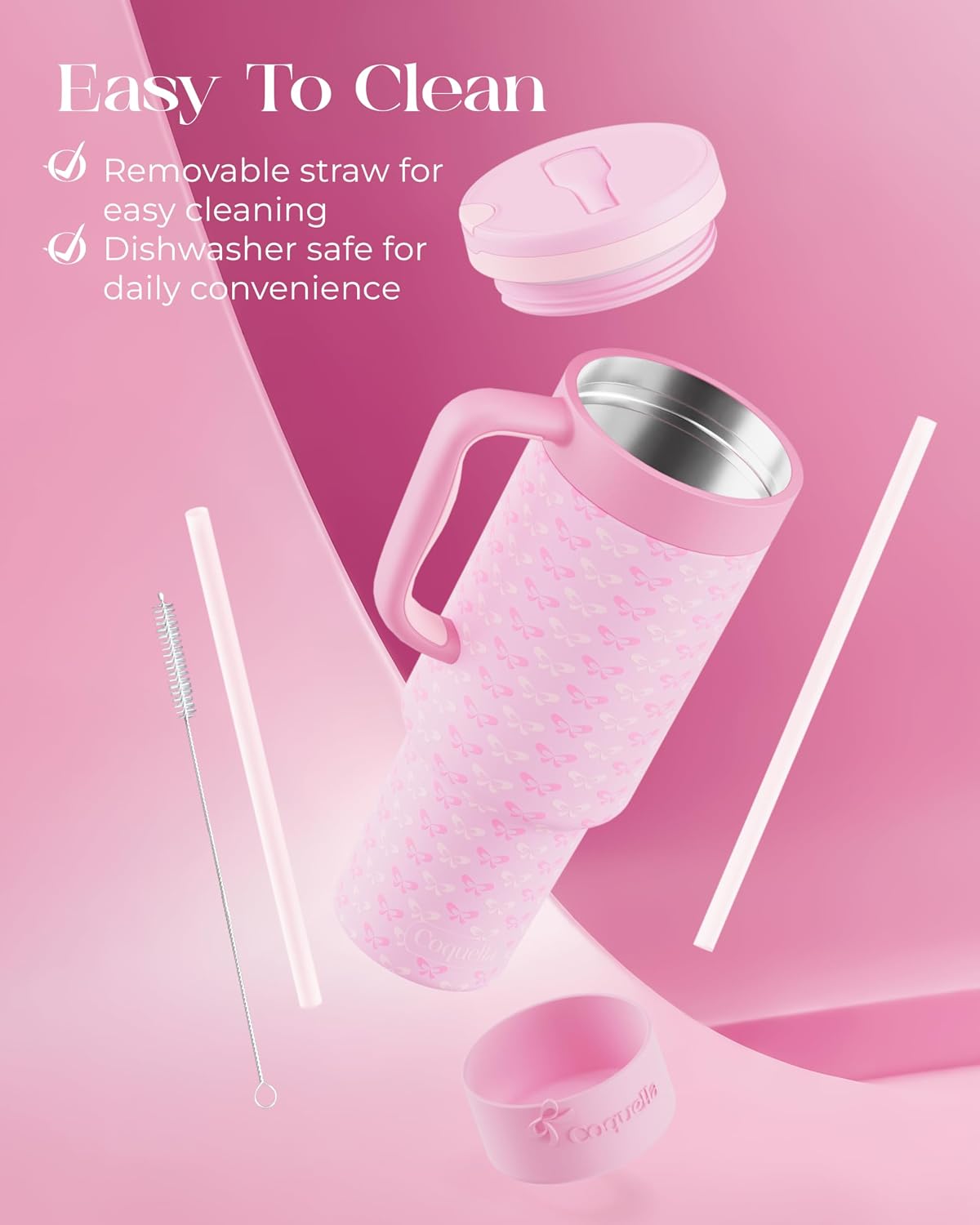 40 oz Insulated Tumbler with Handle and Push-Button Straw Lid, Stainless Steel Travel Cup for Gym Office, Leakproof, BPA-Free, Cup Holder Friendly, Bow Silicone Boot, Purple (Light Lilac)
