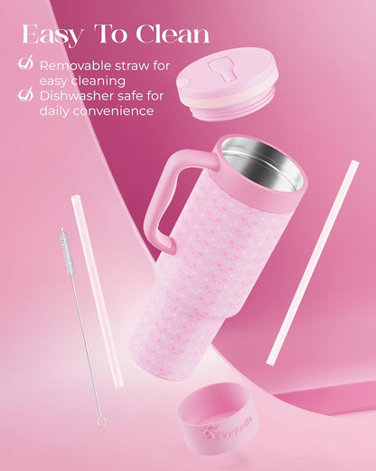 40 oz Insulated Tumbler with Handle and Push-Button Straw Lid, Stainless Steel Travel Cup for Gym Office, Leakproof, BPA-Free, Cup Holder Friendly, Bow Silicone Boot, Purple (Light Lilac)