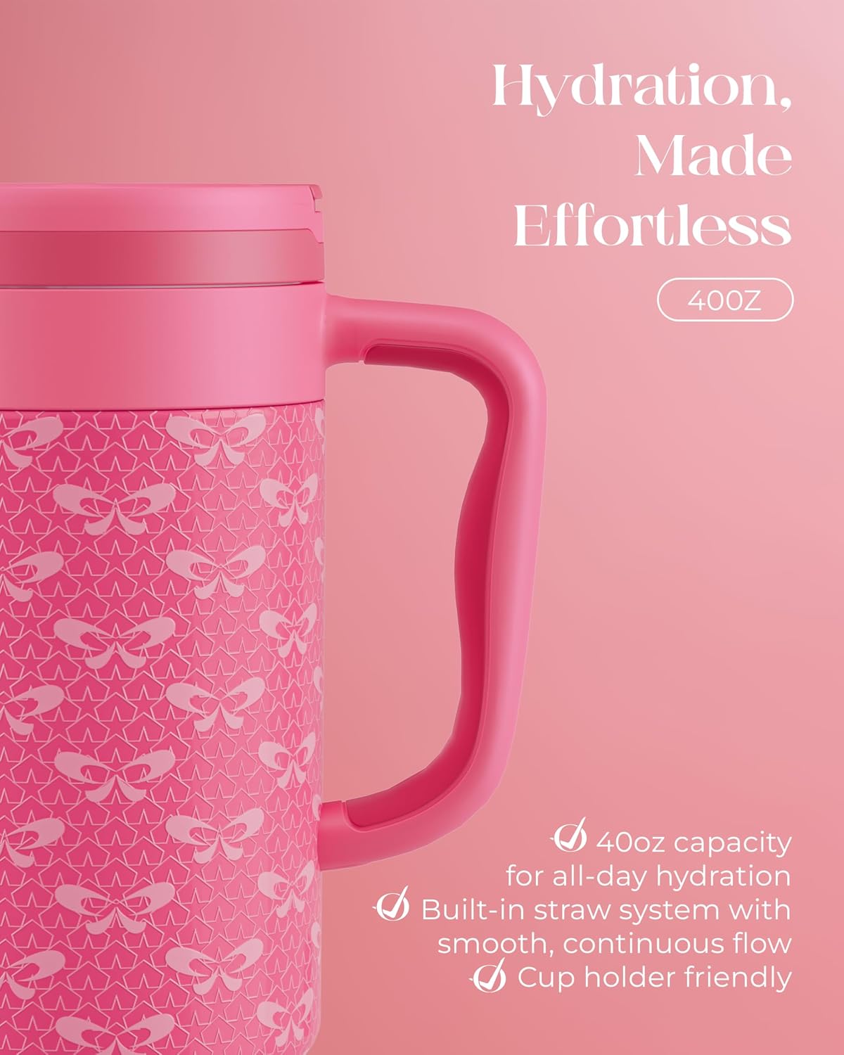 40 oz Insulated Tumbler with Handle and Push-Button Straw Lid, Stainless Steel Travel Cup for Gym Office, Leakproof, BPA-Free, Cup Holder Friendly, Bow Silicone Boot, Purple (Light Lilac)
