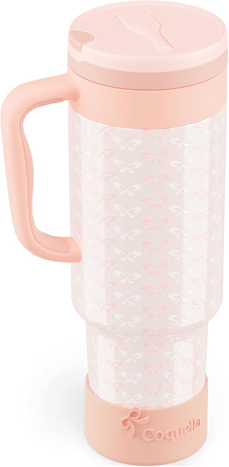 40 oz Insulated Tumbler with Handle and Push-Button Straw Lid, Stainless Steel Travel Cup for Gym Office, Leakproof, BPA-Free, Cup Holder Friendly, Bow Silicone Boot, Purple (Light Lilac)
