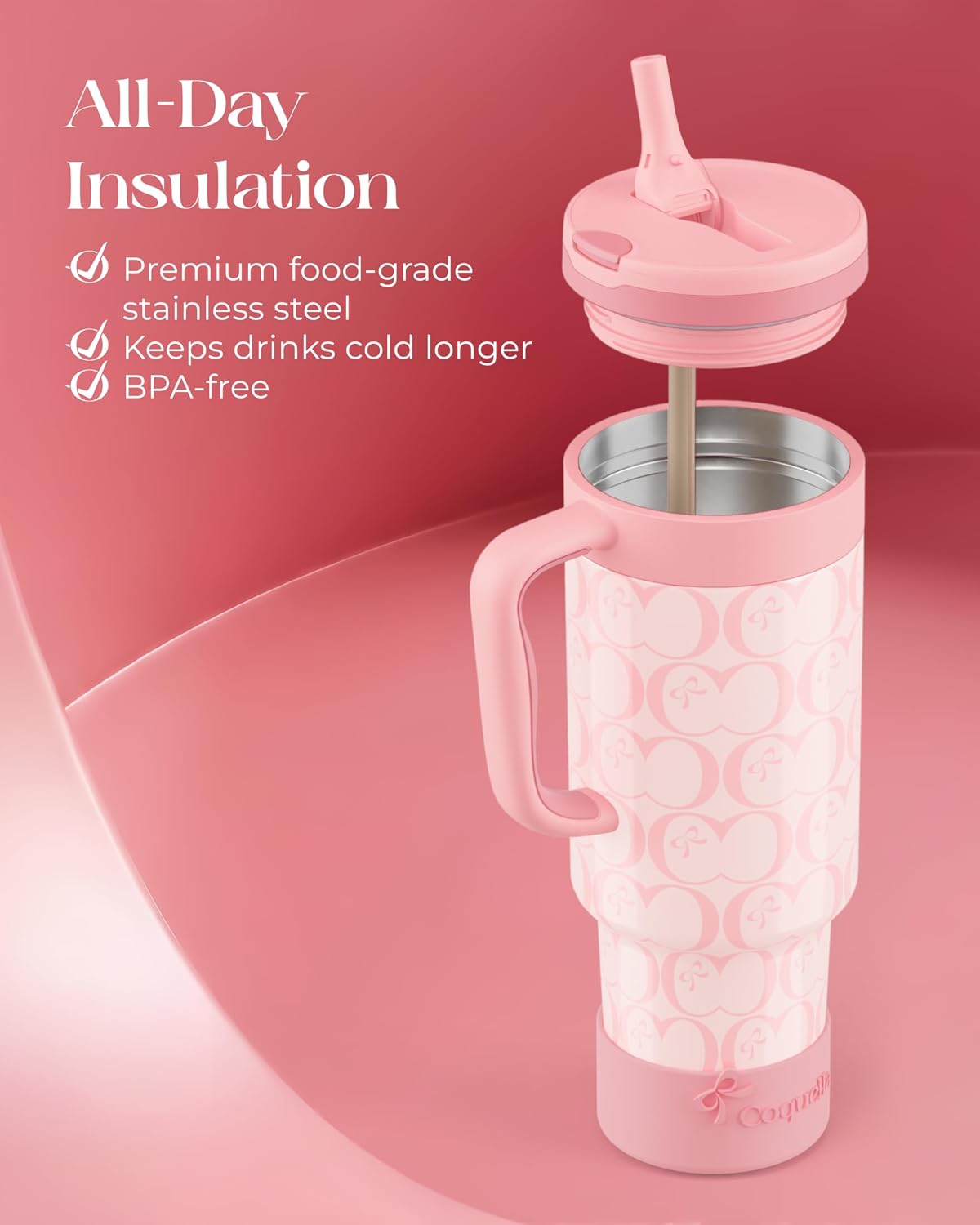 40 oz Insulated Tumbler with Handle and Push-Button Straw Lid, Stainless Steel Travel Cup for Gym Office, Leakproof, BPA-Free, Cup Holder Friendly, Bow Silicone Boot, Purple (Light Lilac)