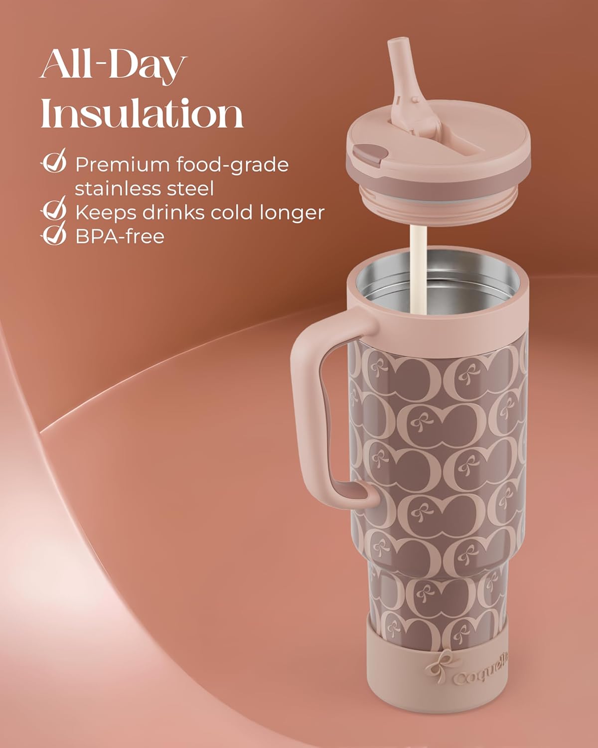40 oz Insulated Tumbler with Handle and Push-Button Straw Lid, Stainless Steel Travel Cup for Gym Office, Leakproof, BPA-Free, Cup Holder Friendly, Bow Silicone Boot, Purple (Light Lilac)