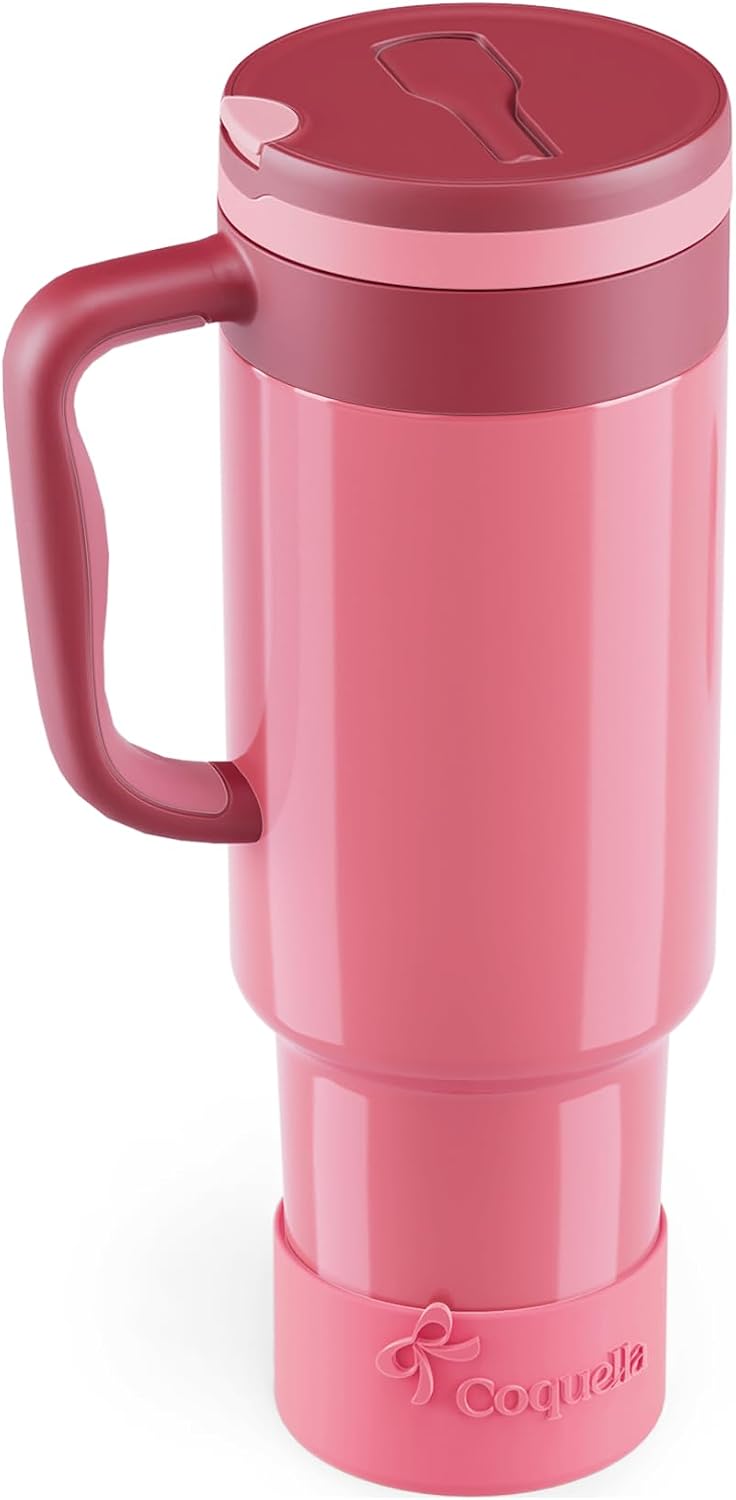 40 oz Insulated Tumbler with Handle and Push-Button Straw Lid, Stainless Steel Travel Cup for Gym Office, Leakproof, BPA-Free, Cup Holder Friendly, Bow Silicone Boot, Purple (Light Lilac)