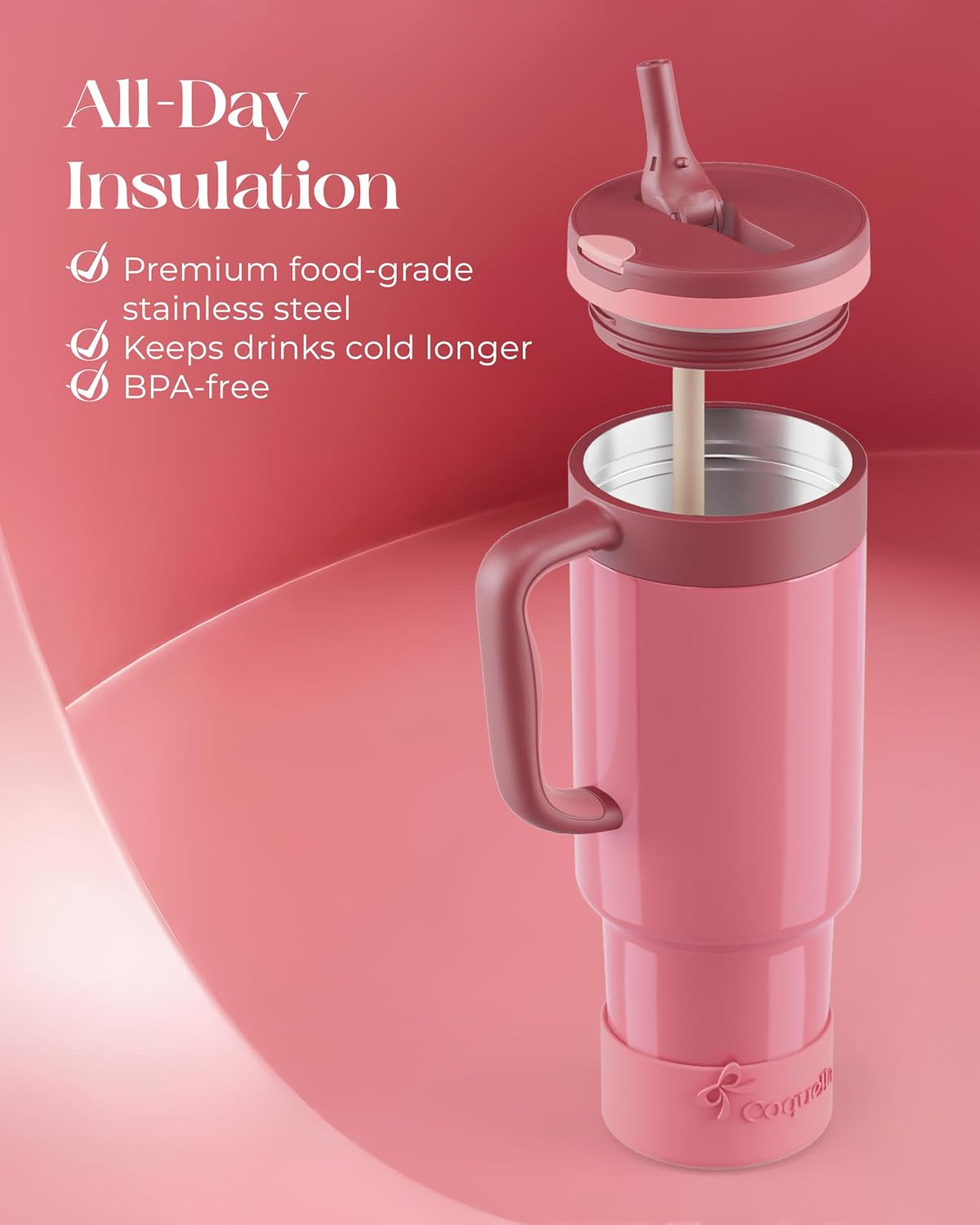 40 oz Insulated Tumbler with Handle and Push-Button Straw Lid, Stainless Steel Travel Cup for Gym Office, Leakproof, BPA-Free, Cup Holder Friendly, Bow Silicone Boot, Purple (Light Lilac)