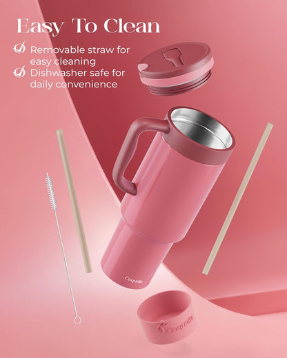 40 oz Insulated Tumbler with Handle and Push-Button Straw Lid, Stainless Steel Travel Cup for Gym Office, Leakproof, BPA-Free, Cup Holder Friendly, Bow Silicone Boot, Purple (Light Lilac)