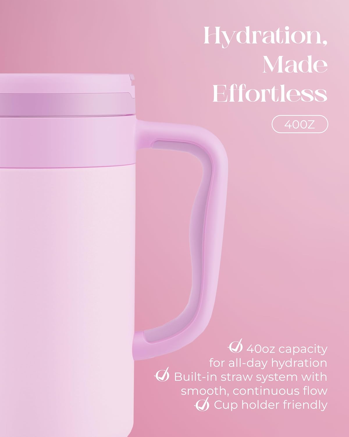 40 oz Insulated Tumbler with Handle and Push-Button Straw Lid, Stainless Steel Travel Cup for Gym Office, Leakproof, BPA-Free, Cup Holder Friendly, Bow Silicone Boot, Purple (Light Lilac)