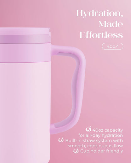 40 oz Insulated Tumbler with Handle and Push-Button Straw Lid, Stainless Steel Travel Cup for Gym Office, Leakproof, BPA-Free, Cup Holder Friendly, Bow Silicone Boot, Purple (Light Lilac)
