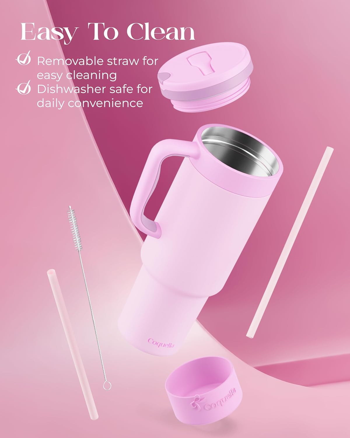 40 oz Insulated Tumbler with Handle and Push-Button Straw Lid, Stainless Steel Travel Cup for Gym Office, Leakproof, BPA-Free, Cup Holder Friendly, Bow Silicone Boot, Purple (Light Lilac)