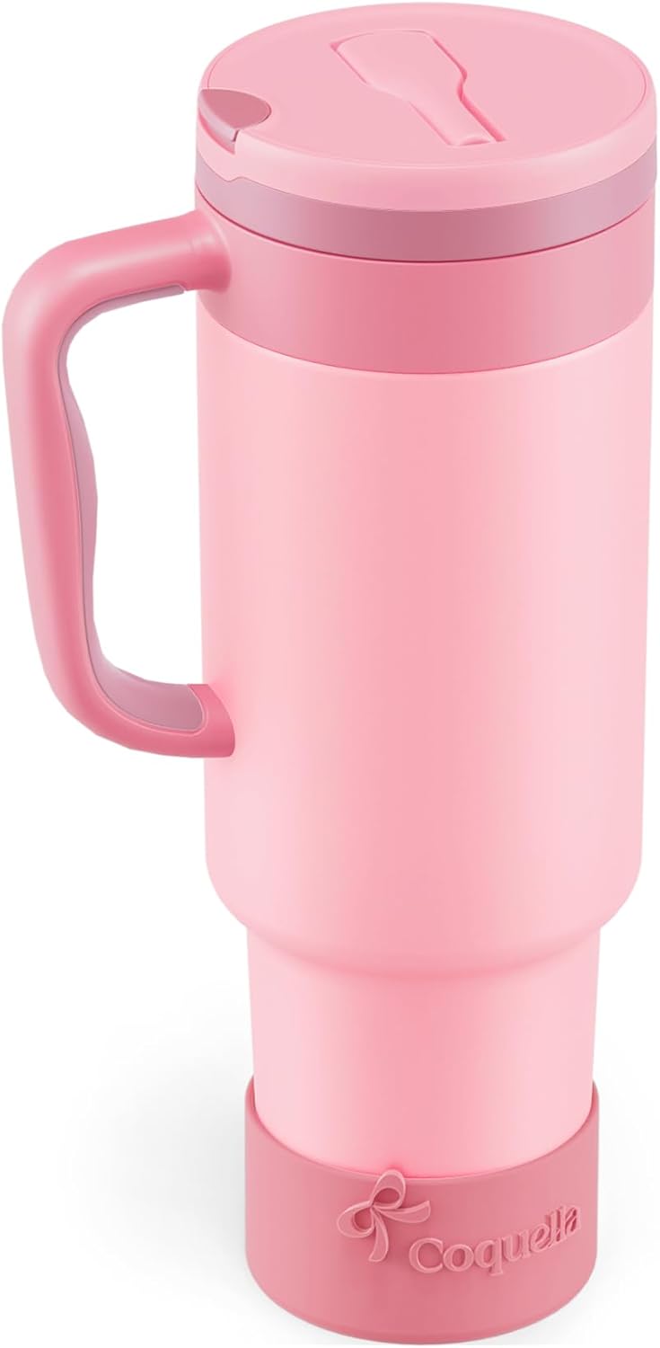 40 oz Insulated Tumbler with Handle and Push-Button Straw Lid, Stainless Steel Travel Cup for Gym Office, Leakproof, BPA-Free, Cup Holder Friendly, Bow Silicone Boot, Purple (Light Lilac)