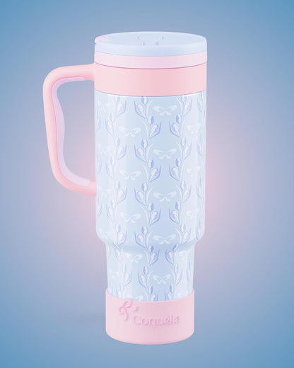 40 oz Insulated Tumbler with Handle and Push-Button Straw Lid, Stainless Steel Travel Cup for Gym Office, Leakproof, BPA-Free, Cup Holder Friendly, Bow Silicone Boot, Purple (Light Lilac)