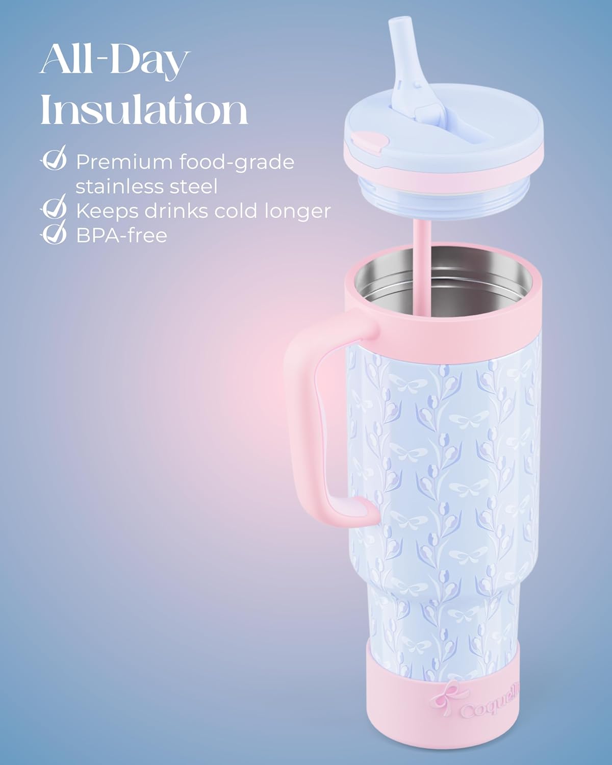40 oz Insulated Tumbler with Handle and Push-Button Straw Lid, Stainless Steel Travel Cup for Gym Office, Leakproof, BPA-Free, Cup Holder Friendly, Bow Silicone Boot, Purple (Light Lilac)