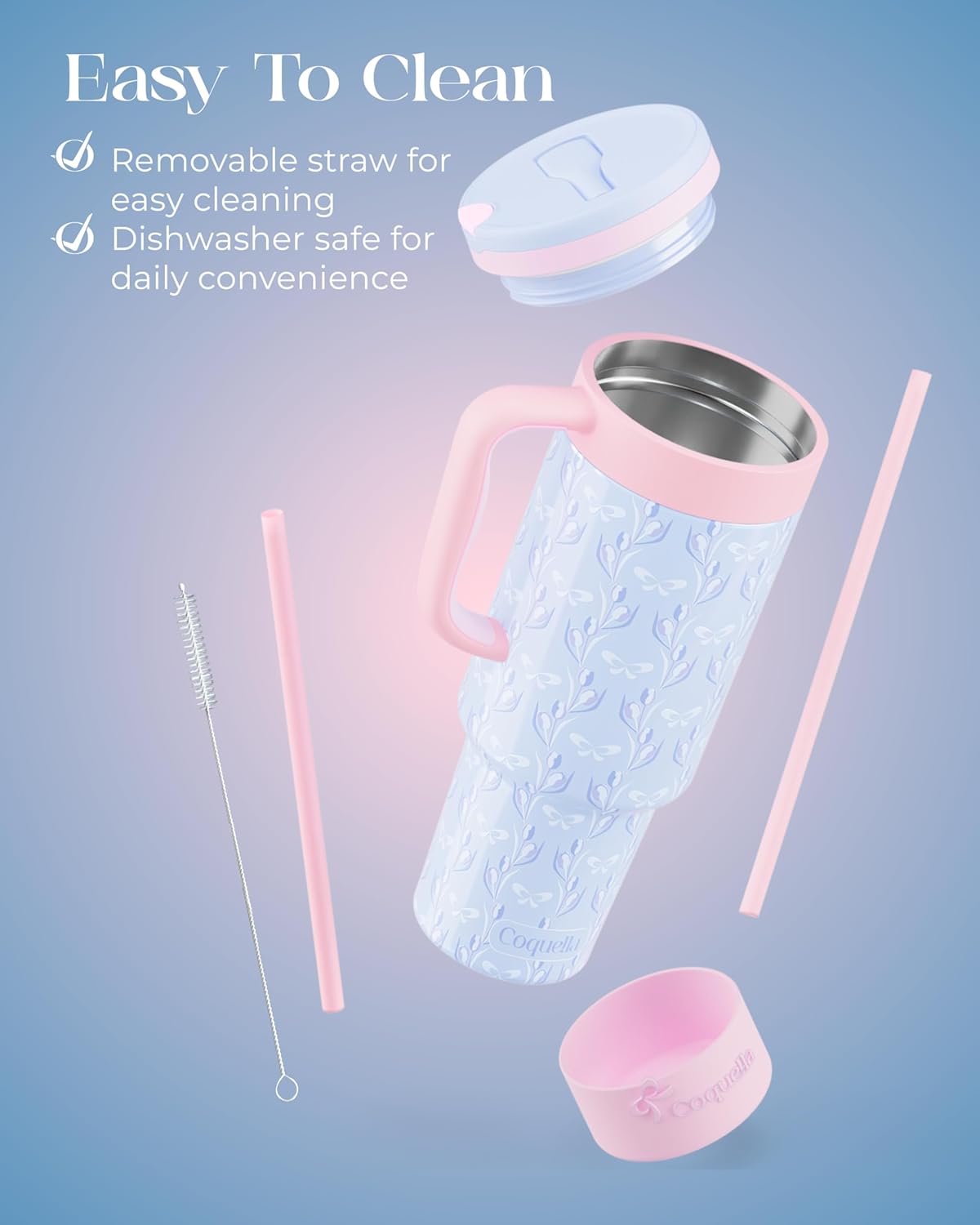 40 oz Insulated Tumbler with Handle and Push-Button Straw Lid, Stainless Steel Travel Cup for Gym Office, Leakproof, BPA-Free, Cup Holder Friendly, Bow Silicone Boot, Purple (Light Lilac)