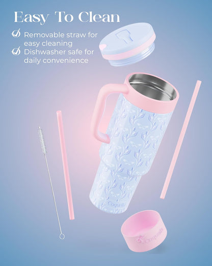 40 oz Insulated Tumbler with Handle and Push-Button Straw Lid, Stainless Steel Travel Cup for Gym Office, Leakproof, BPA-Free, Cup Holder Friendly, Bow Silicone Boot, Purple (Light Lilac)