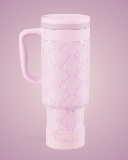 40 oz Insulated Tumbler with Handle and Push-Button Straw Lid, Stainless Steel Travel Cup for Gym Office, Leakproof, BPA-Free, Cup Holder Friendly, Bow Silicone Boot, Purple (Light Lilac)