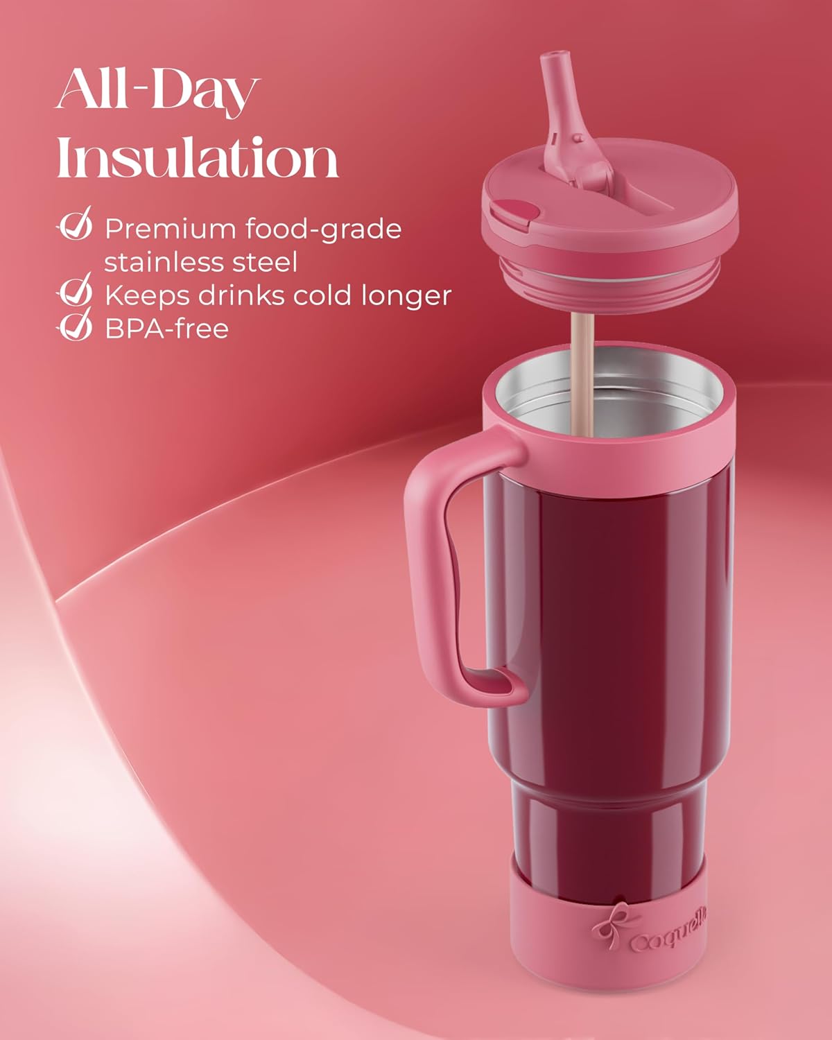 40 oz Insulated Tumbler with Handle and Push-Button Straw Lid, Stainless Steel Travel Cup for Gym Office, Leakproof, BPA-Free, Cup Holder Friendly, Bow Silicone Boot, Purple (Light Lilac)