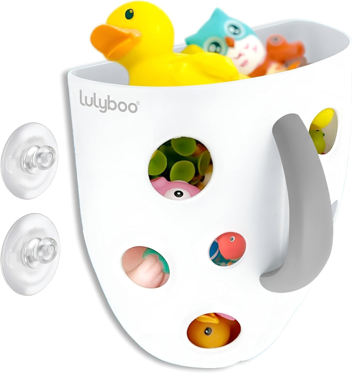 Baby Bath Toy Holder with No-Slip Suction Cups, BPA-Free Drainage Bin, Easy Clean Wall Organizer, White & Grey, Keeps Bathroom Clutter-Free & Safe for Kids
