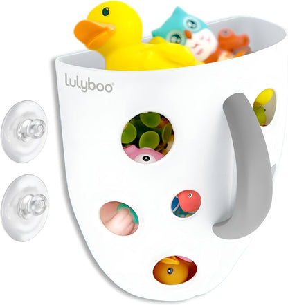 Baby Bath Toy Holder with No-Slip Suction Cups, BPA-Free Drainage Bin, Easy Clean Wall Organizer, White & Grey, Keeps Bathroom Clutter-Free & Safe for Kids
