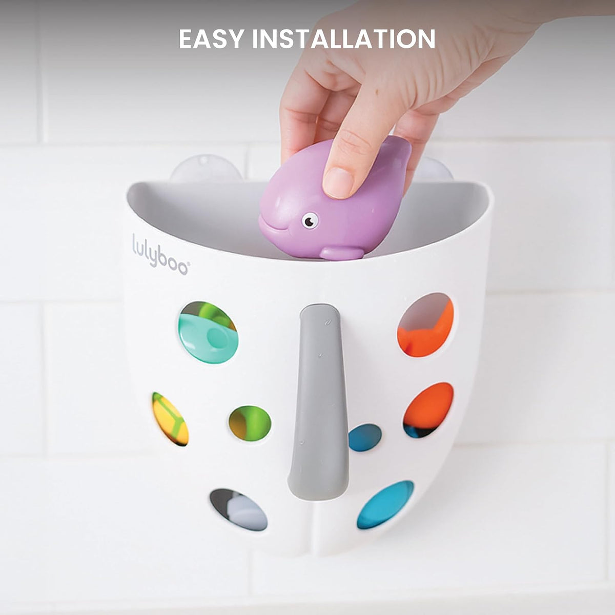 Baby Bath Toy Holder with No-Slip Suction Cups, BPA-Free Drainage Bin, Easy Clean Wall Organizer, White & Grey, Keeps Bathroom Clutter-Free & Safe for Kids