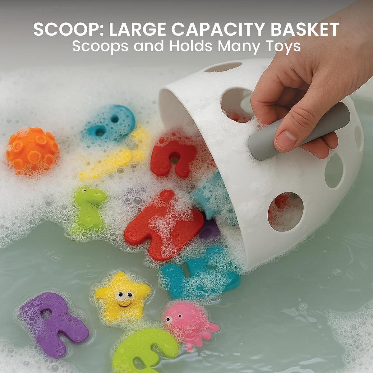 Baby Bath Toy Holder with No-Slip Suction Cups, BPA-Free Drainage Bin, Easy Clean Wall Organizer, White & Grey, Keeps Bathroom Clutter-Free & Safe for Kids