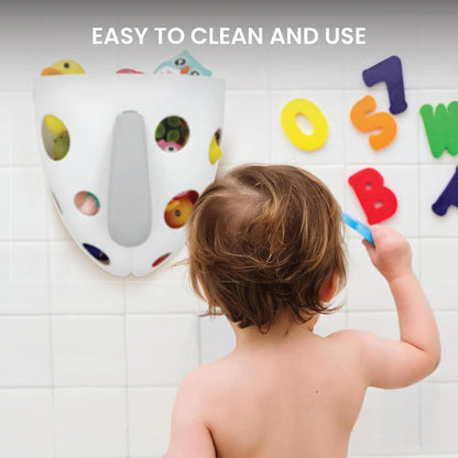 Baby Bath Toy Holder with No-Slip Suction Cups, BPA-Free Drainage Bin, Easy Clean Wall Organizer, White & Grey, Keeps Bathroom Clutter-Free & Safe for Kids