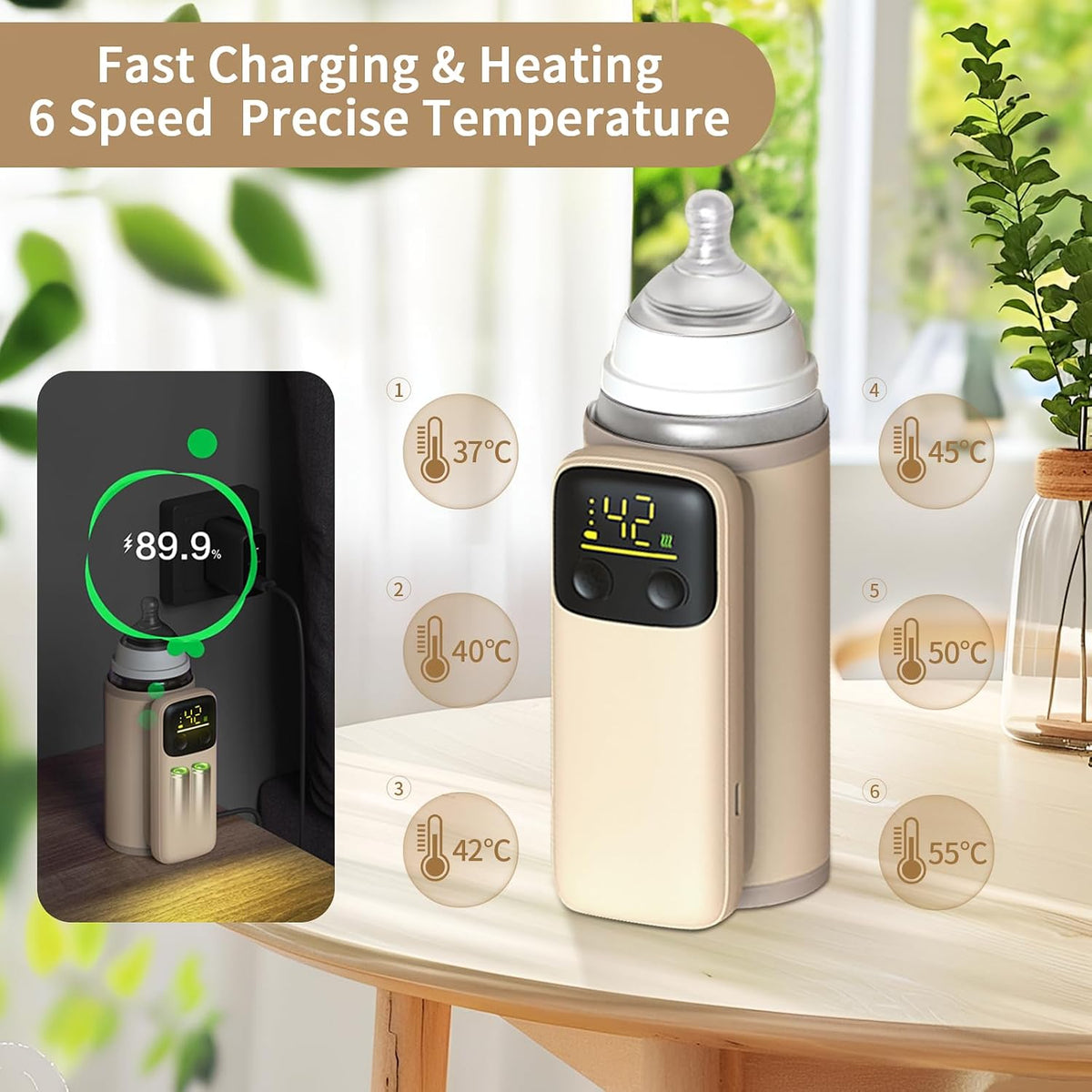 Portable Bottle Warmer with Display for Travel, Battery-Powered with 6 Temperature Gears