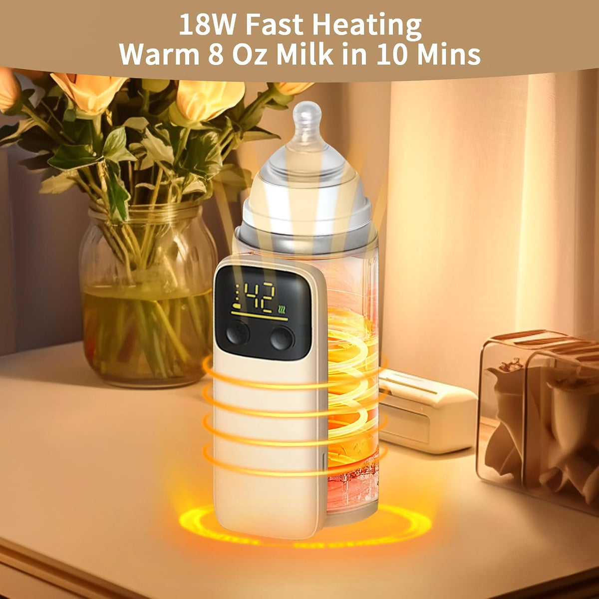 Portable Bottle Warmer with Display for Travel, Battery-Powered with 6 Temperature Gears