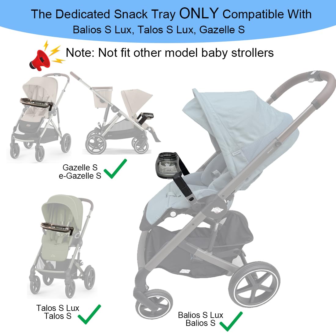 Stroller Snack Tray Compatible with Cybex Balios,Gazelle, Talos Series Prams - BPA-Free Tritan Baby Travel Tray, 360° Swivel for Easy Access, Folds with Stroller, Easy Clean