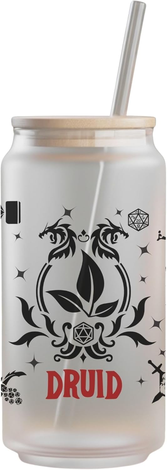Wizard Class 16oz Frosted Glass Tumbler with Bamboo Lid and Straw – Fantasy RPG Drinkware (Wizard)