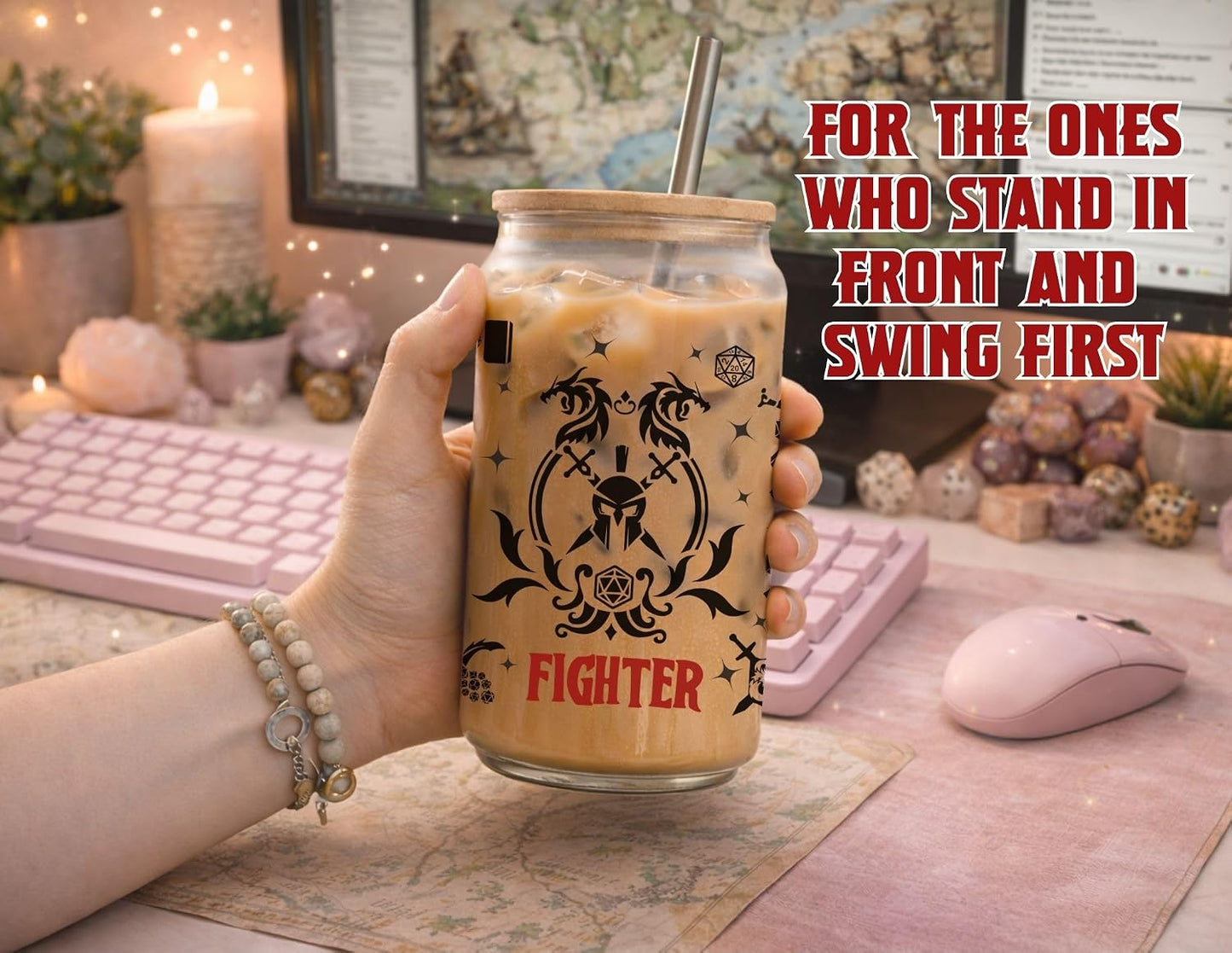 Wizard Class 16oz Frosted Glass Tumbler with Bamboo Lid and Straw – Fantasy RPG Drinkware (Wizard)