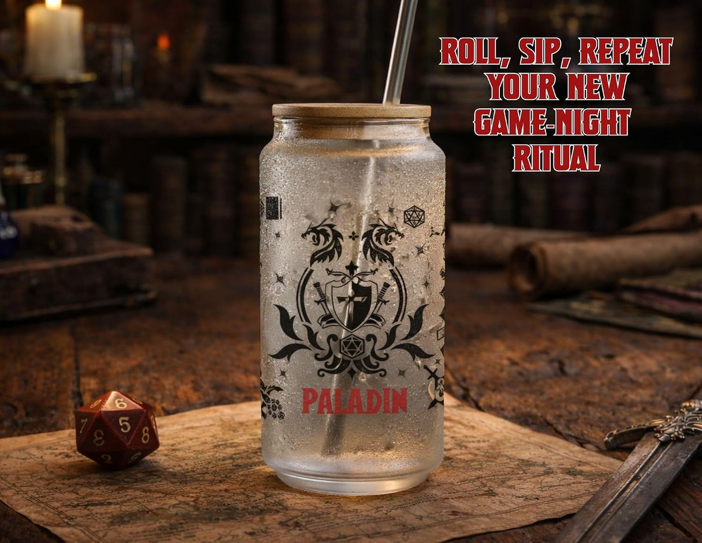 Wizard Class 16oz Frosted Glass Tumbler with Bamboo Lid and Straw – Fantasy RPG Drinkware (Wizard)