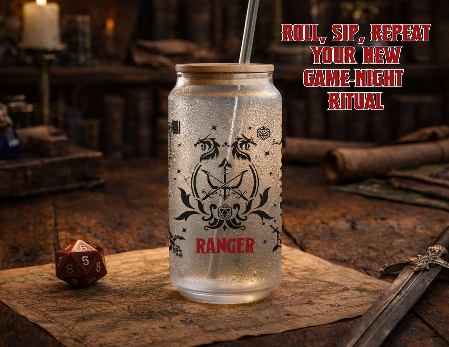 Wizard Class 16oz Frosted Glass Tumbler with Bamboo Lid and Straw – Fantasy RPG Drinkware (Wizard)