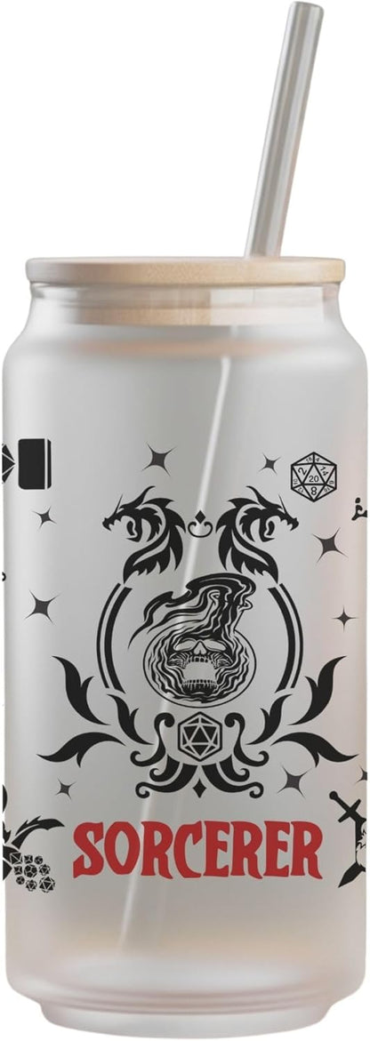 Wizard Class 16oz Frosted Glass Tumbler with Bamboo Lid and Straw – Fantasy RPG Drinkware (Wizard)