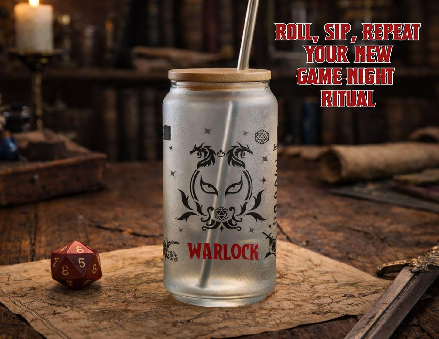 Wizard Class 16oz Frosted Glass Tumbler with Bamboo Lid and Straw – Fantasy RPG Drinkware (Wizard)
