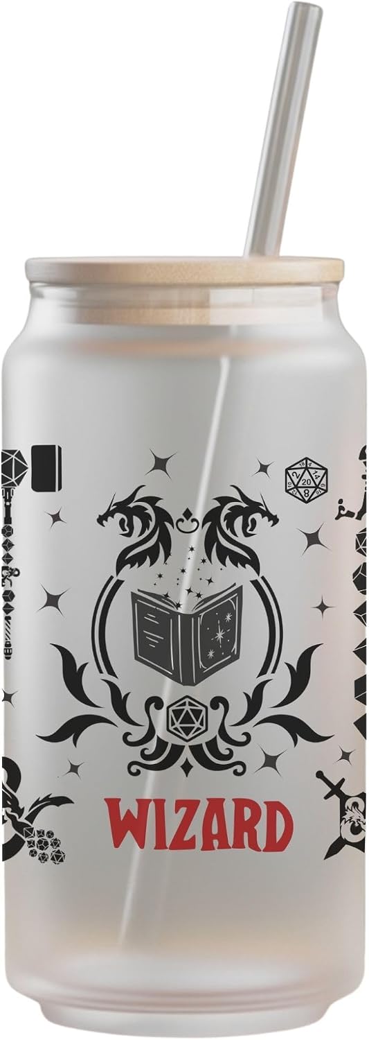 Wizard Class 16oz Frosted Glass Tumbler with Bamboo Lid and Straw – Fantasy RPG Drinkware (Wizard)