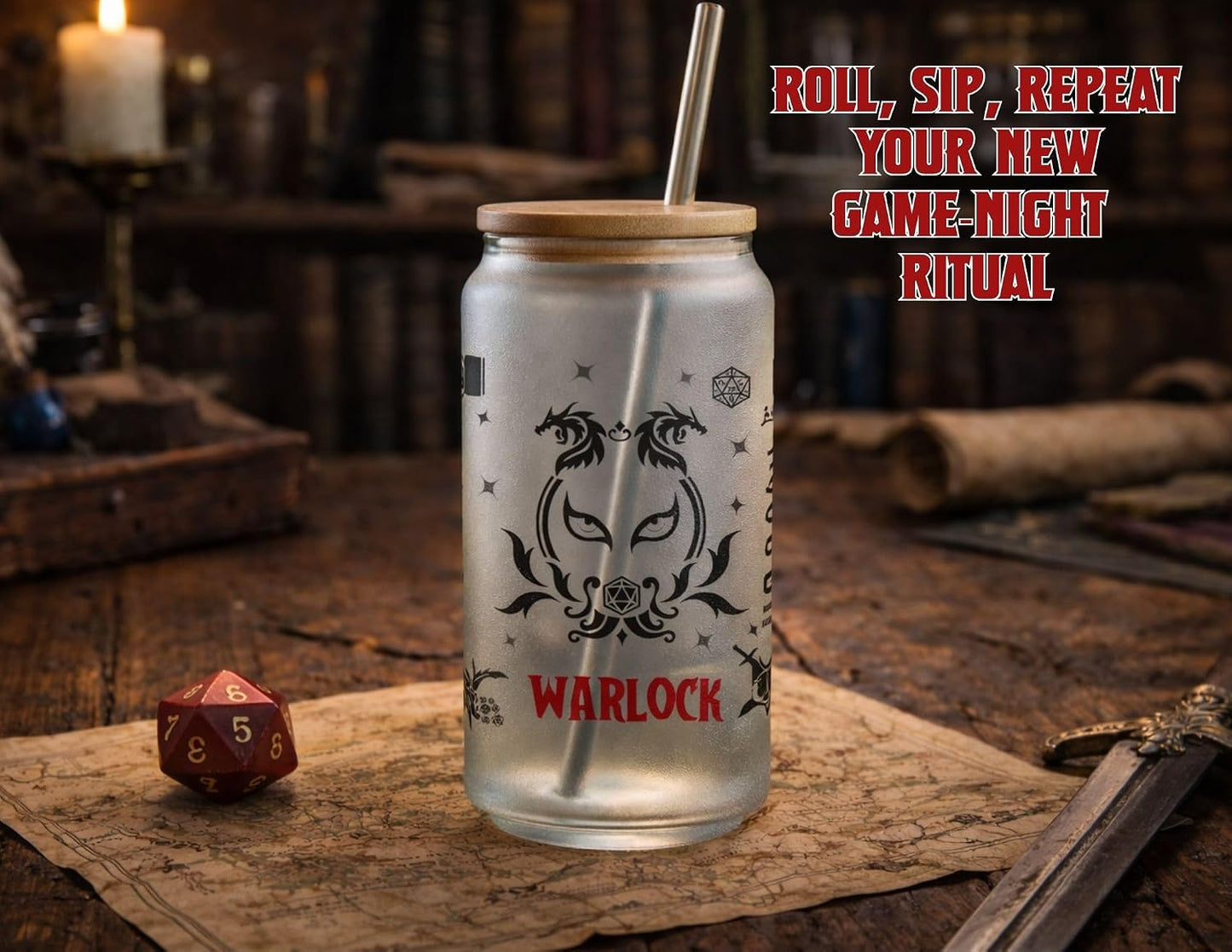 Wizard Class 16oz Frosted Glass Tumbler with Bamboo Lid and Straw – Fantasy RPG Drinkware (Wizard)