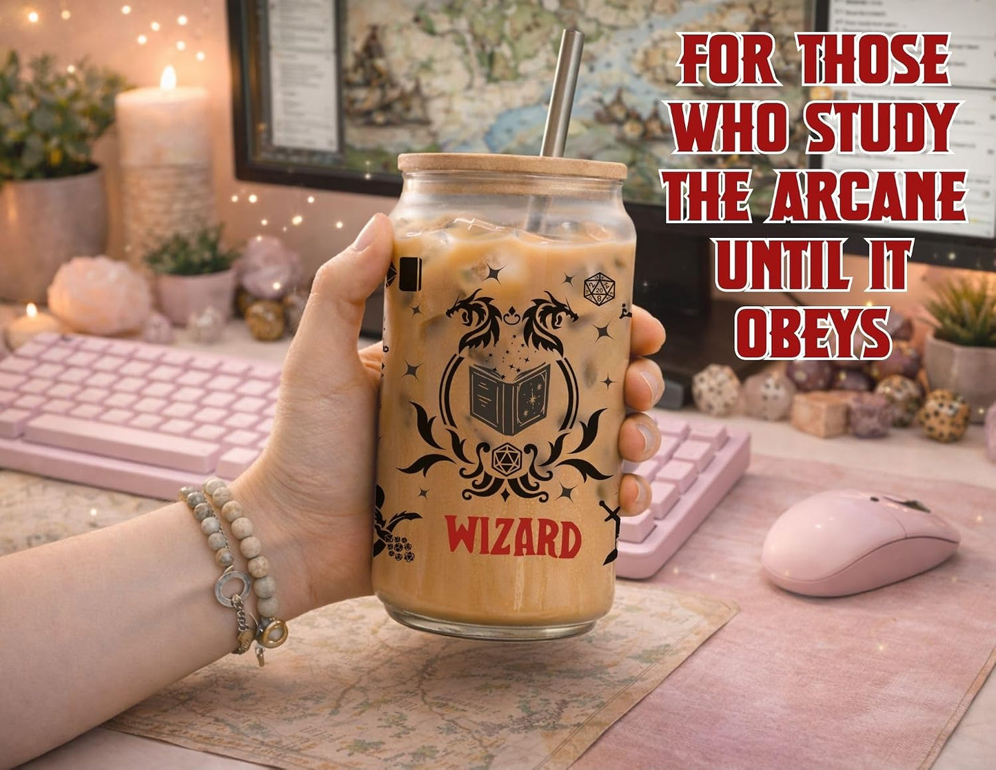 Wizard Class 16oz Frosted Glass Tumbler with Bamboo Lid and Straw – Fantasy RPG Drinkware (Wizard)