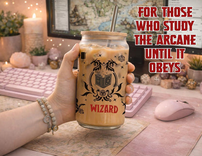 Wizard Class 16oz Frosted Glass Tumbler with Bamboo Lid and Straw – Fantasy RPG Drinkware (Wizard)