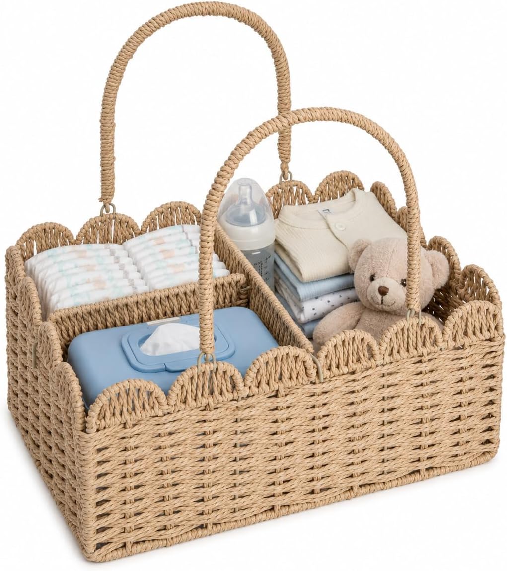 Large Wicker Diaper Caddy Organizer, Scalloped Nursery Basket for Changing Table, Woven Rope Baby Holder with Removable Divider, Portable Organizer for Diapers Wipes Clothes Toys & Essentials (Brown)