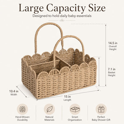 Large Wicker Diaper Caddy Organizer, Scalloped Nursery Basket for Changing Table, Woven Rope Baby Holder with Removable Divider, Portable Organizer for Diapers Wipes Clothes Toys & Essentials (Brown)